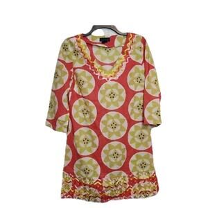 BODEN Preppy Spring Easter pink Green Floral100% 3/4 Sleeve chift Tunic Dress 14